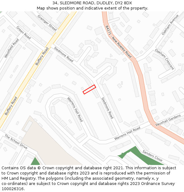 34, SLEDMORE ROAD, DUDLEY, DY2 8DX: Location map and indicative extent of plot