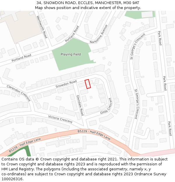 34, SNOWDON ROAD, ECCLES, MANCHESTER, M30 9AT: Location map and indicative extent of plot