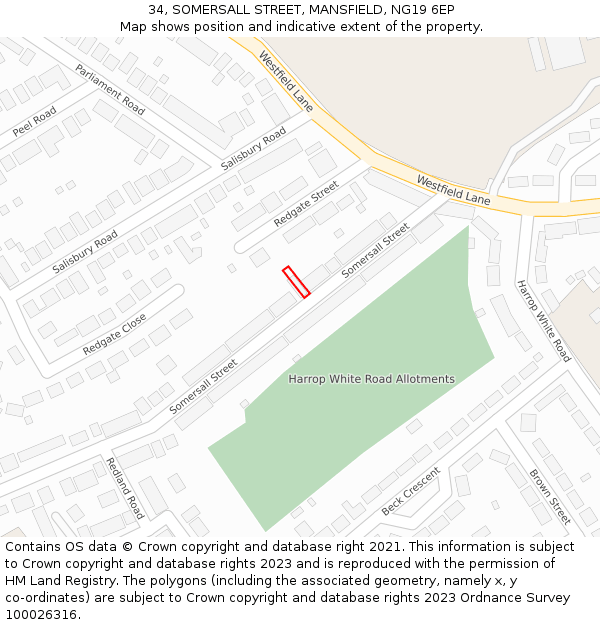 34, SOMERSALL STREET, MANSFIELD, NG19 6EP: Location map and indicative extent of plot