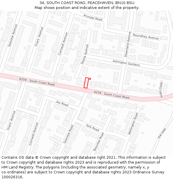 34, SOUTH COAST ROAD, PEACEHAVEN, BN10 8SU: Location map and indicative extent of plot