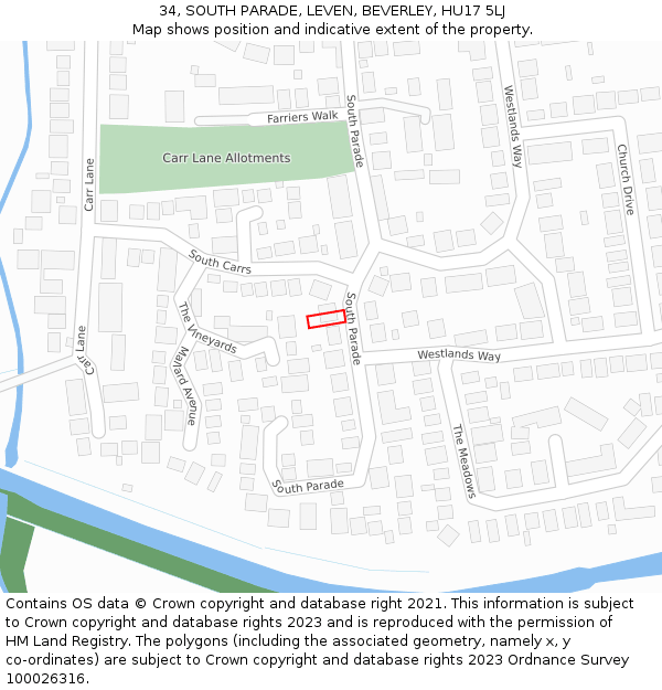 34, SOUTH PARADE, LEVEN, BEVERLEY, HU17 5LJ: Location map and indicative extent of plot