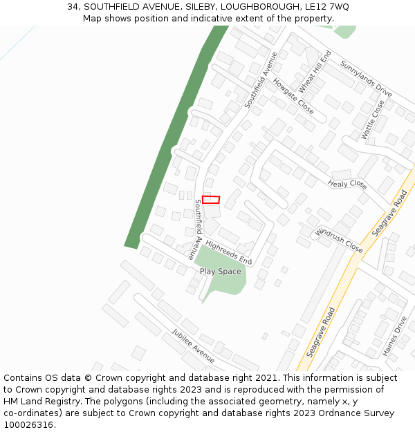 34, SOUTHFIELD AVENUE, SILEBY, LOUGHBOROUGH, LE12 7WQ: Location map and indicative extent of plot