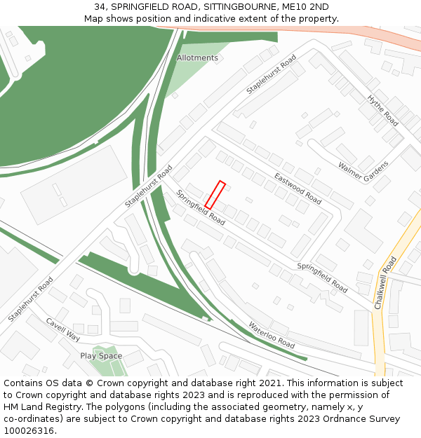 34, SPRINGFIELD ROAD, SITTINGBOURNE, ME10 2ND: Location map and indicative extent of plot