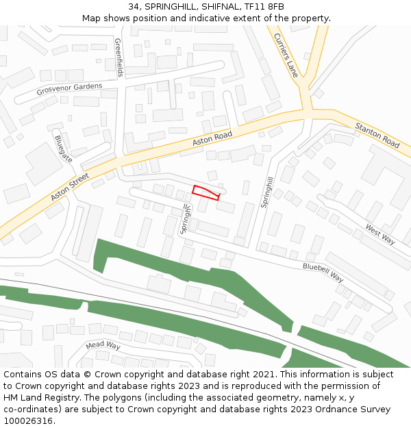 34, SPRINGHILL, SHIFNAL, TF11 8FB: Location map and indicative extent of plot