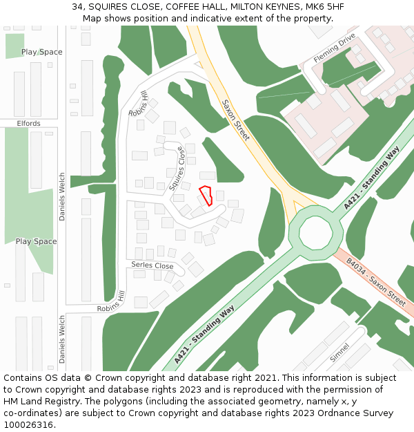 34, SQUIRES CLOSE, COFFEE HALL, MILTON KEYNES, MK6 5HF: Location map and indicative extent of plot