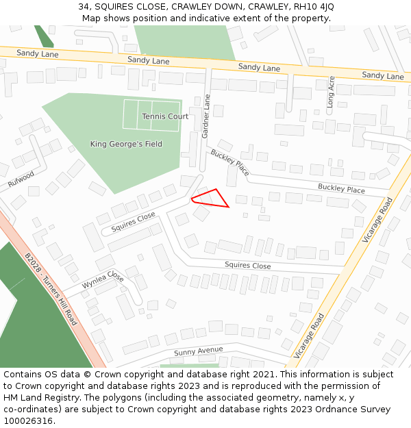 34, SQUIRES CLOSE, CRAWLEY DOWN, CRAWLEY, RH10 4JQ: Location map and indicative extent of plot