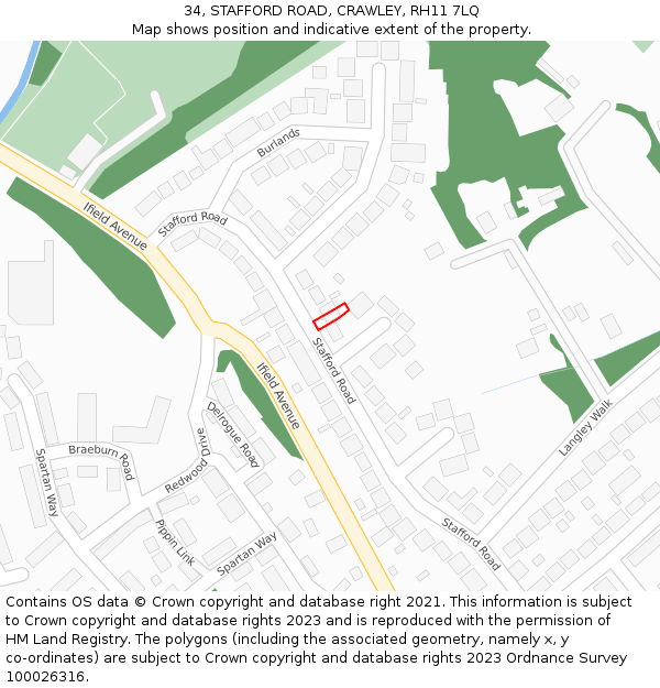 34, STAFFORD ROAD, CRAWLEY, RH11 7LQ: Location map and indicative extent of plot