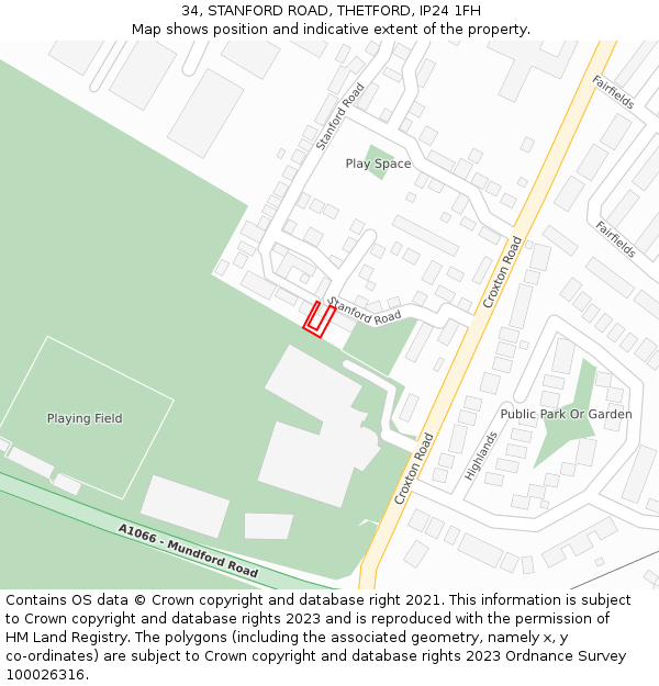 34, STANFORD ROAD, THETFORD, IP24 1FH: Location map and indicative extent of plot