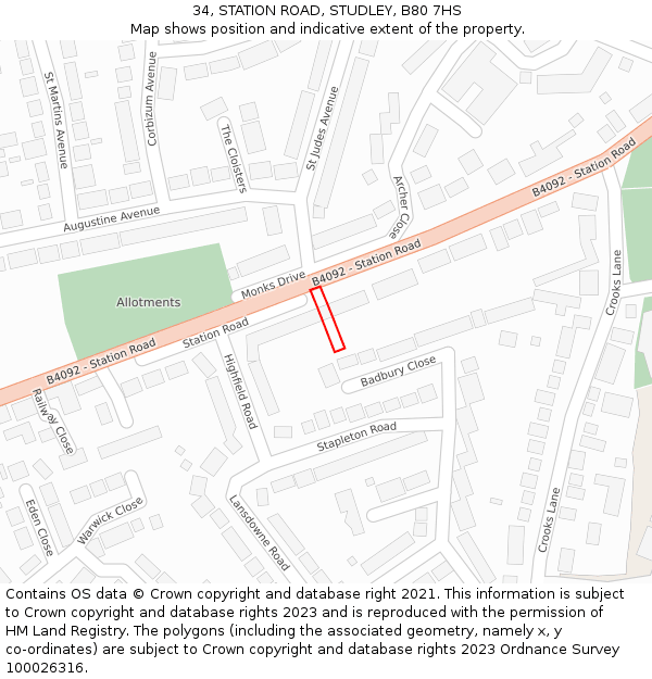34, STATION ROAD, STUDLEY, B80 7HS: Location map and indicative extent of plot