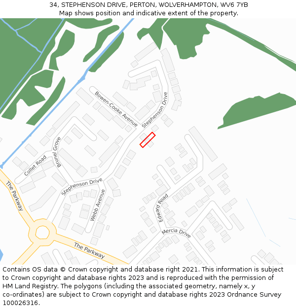 34, STEPHENSON DRIVE, PERTON, WOLVERHAMPTON, WV6 7YB: Location map and indicative extent of plot