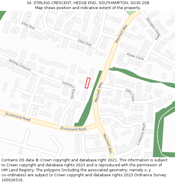34, STIRLING CRESCENT, HEDGE END, SOUTHAMPTON, SO30 2SB: Location map and indicative extent of plot