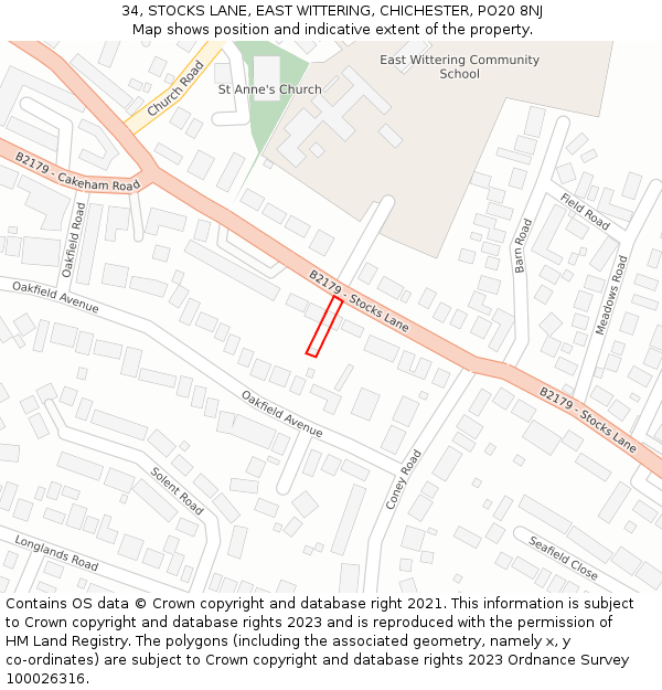 34, STOCKS LANE, EAST WITTERING, CHICHESTER, PO20 8NJ: Location map and indicative extent of plot