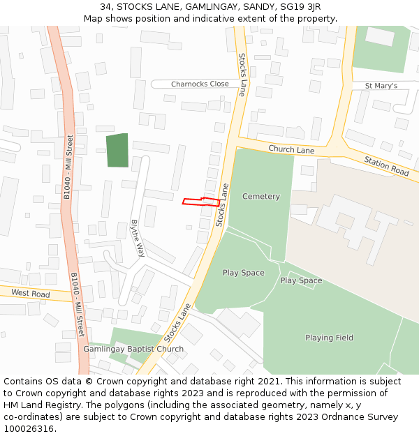 34, STOCKS LANE, GAMLINGAY, SANDY, SG19 3JR: Location map and indicative extent of plot