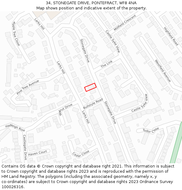 34, STONEGATE DRIVE, PONTEFRACT, WF8 4NA: Location map and indicative extent of plot