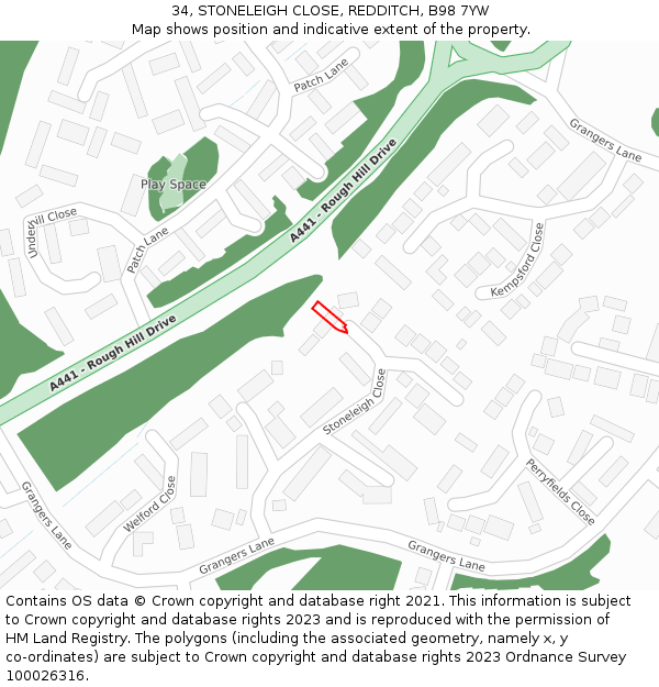 34, STONELEIGH CLOSE, REDDITCH, B98 7YW: Location map and indicative extent of plot