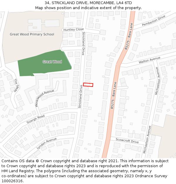 34, STRICKLAND DRIVE, MORECAMBE, LA4 6TD: Location map and indicative extent of plot