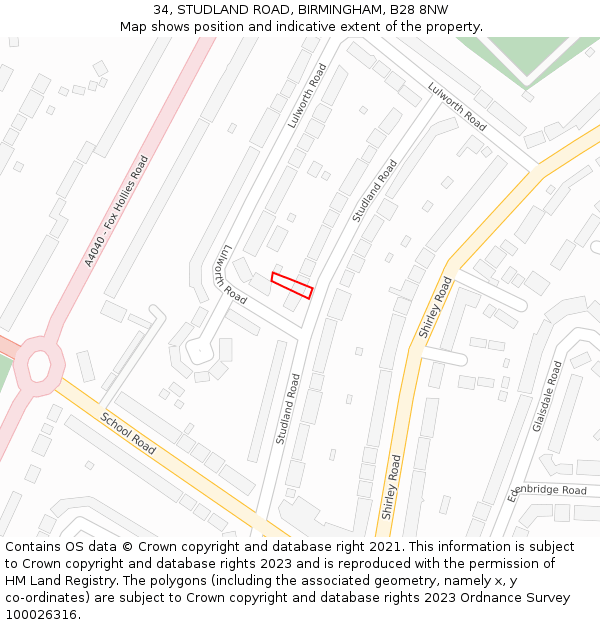 34, STUDLAND ROAD, BIRMINGHAM, B28 8NW: Location map and indicative extent of plot