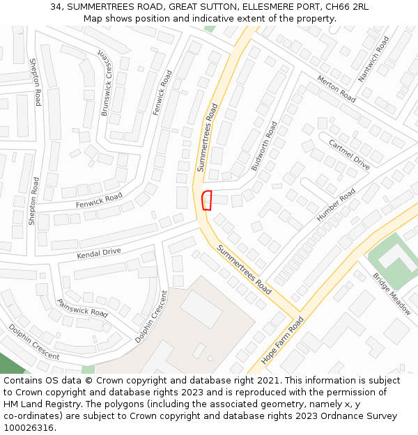 34, SUMMERTREES ROAD, GREAT SUTTON, ELLESMERE PORT, CH66 2RL: Location map and indicative extent of plot