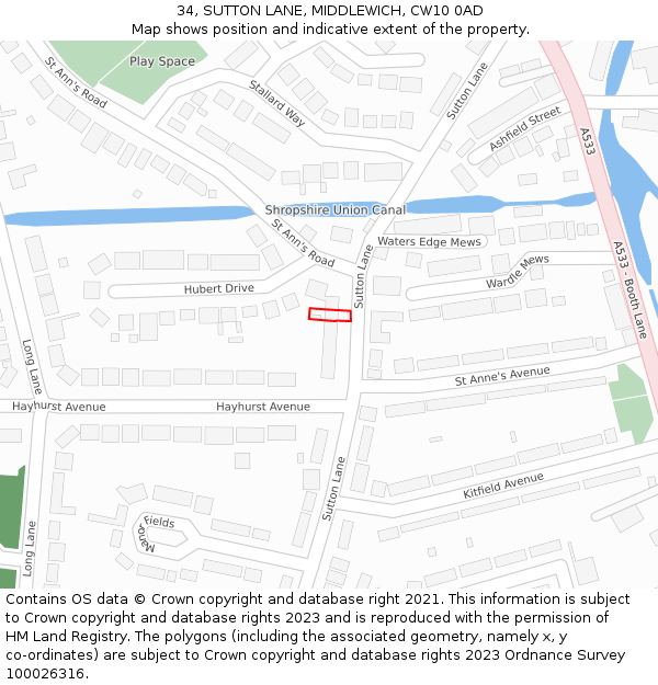 34, SUTTON LANE, MIDDLEWICH, CW10 0AD: Location map and indicative extent of plot