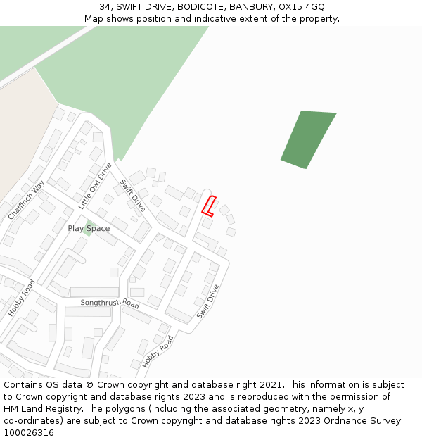 34, SWIFT DRIVE, BODICOTE, BANBURY, OX15 4GQ: Location map and indicative extent of plot