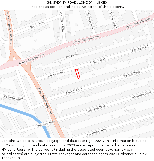 34, SYDNEY ROAD, LONDON, N8 0EX: Location map and indicative extent of plot