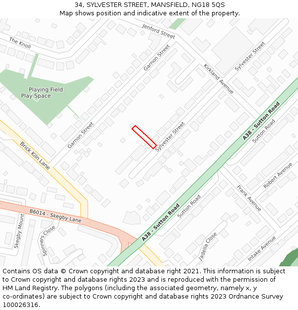 34, SYLVESTER STREET, MANSFIELD, NG18 5QS: Location map and indicative extent of plot