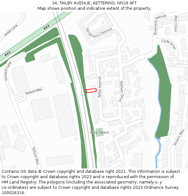 34, TAILBY AVENUE, KETTERING, NN16 9FT: Location map and indicative extent of plot