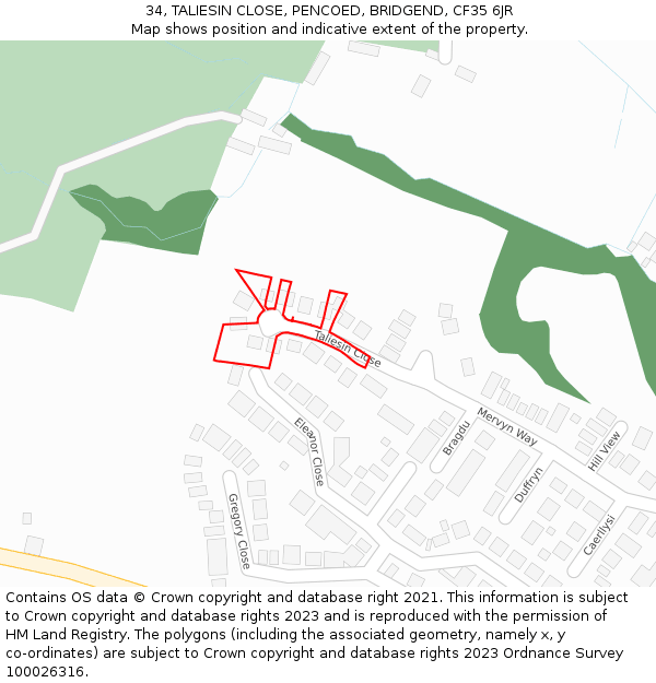 34, TALIESIN CLOSE, PENCOED, BRIDGEND, CF35 6JR: Location map and indicative extent of plot