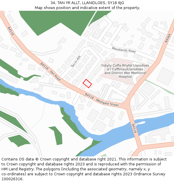 34, TAN YR ALLT, LLANIDLOES, SY18 6JG: Location map and indicative extent of plot
