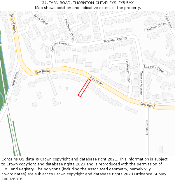 34, TARN ROAD, THORNTON-CLEVELEYS, FY5 5AX: Location map and indicative extent of plot