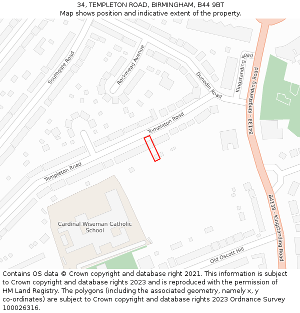 34, TEMPLETON ROAD, BIRMINGHAM, B44 9BT: Location map and indicative extent of plot