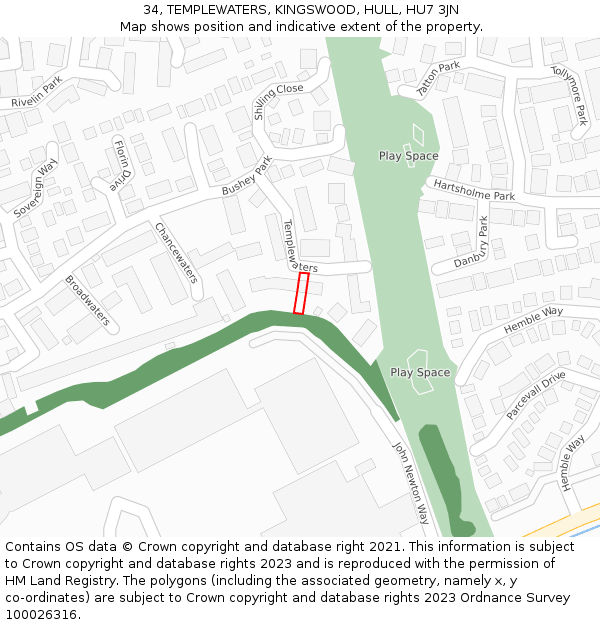 34, TEMPLEWATERS, KINGSWOOD, HULL, HU7 3JN: Location map and indicative extent of plot