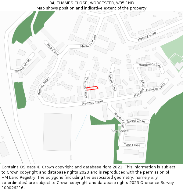 34, THAMES CLOSE, WORCESTER, WR5 1ND: Location map and indicative extent of plot