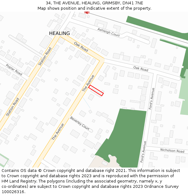 34, THE AVENUE, HEALING, GRIMSBY, DN41 7NE: Location map and indicative extent of plot