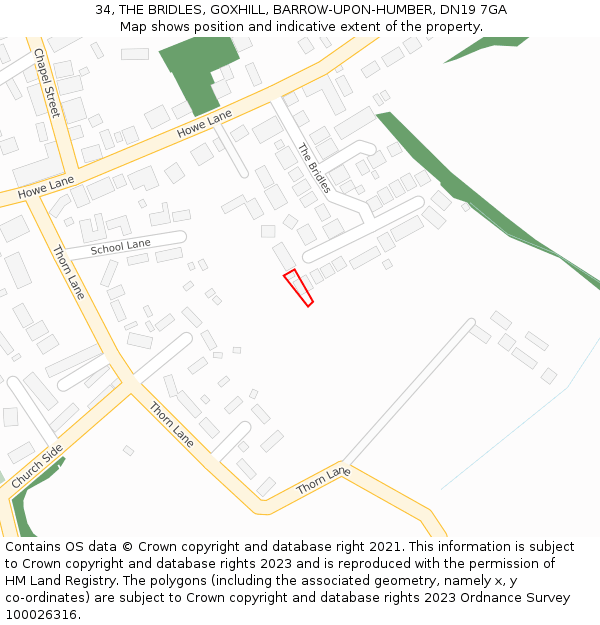 34, THE BRIDLES, GOXHILL, BARROW-UPON-HUMBER, DN19 7GA: Location map and indicative extent of plot