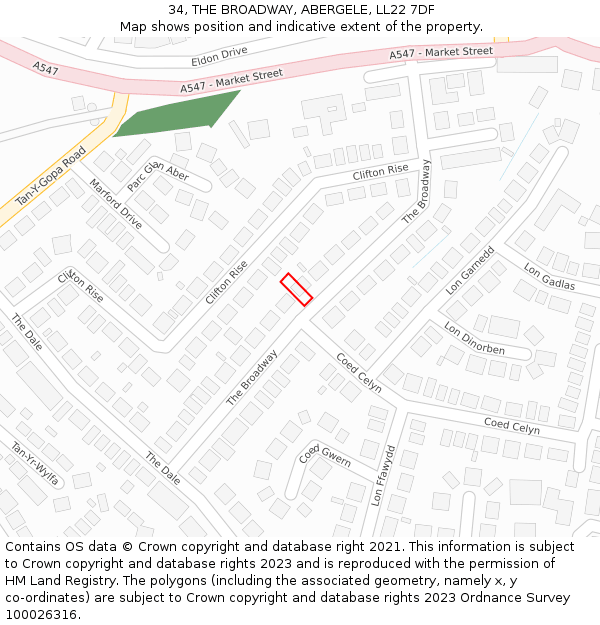 34, THE BROADWAY, ABERGELE, LL22 7DF: Location map and indicative extent of plot