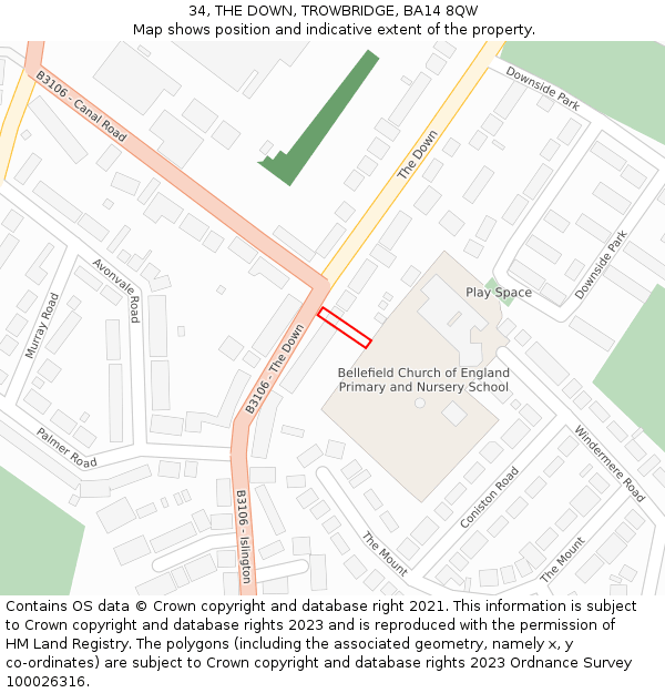 34, THE DOWN, TROWBRIDGE, BA14 8QW: Location map and indicative extent of plot