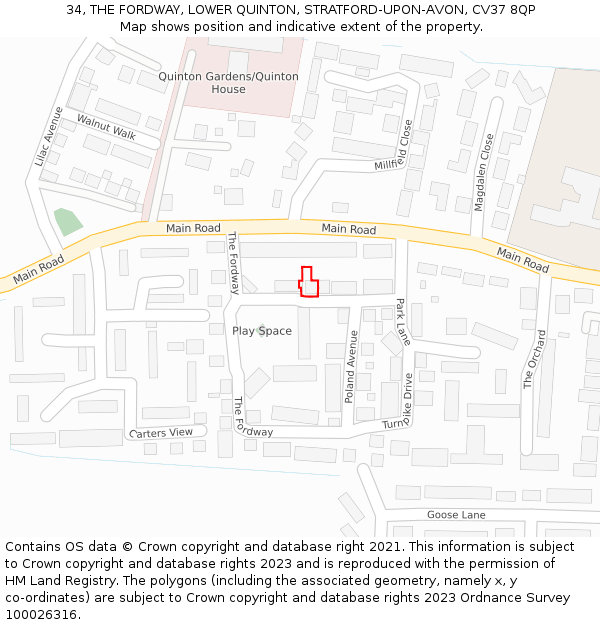 34, THE FORDWAY, LOWER QUINTON, STRATFORD-UPON-AVON, CV37 8QP: Location map and indicative extent of plot