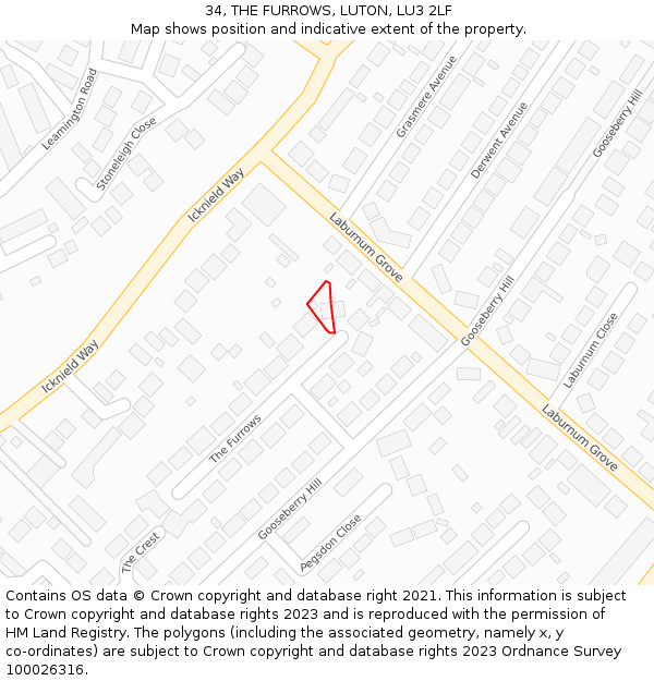 34, THE FURROWS, LUTON, LU3 2LF: Location map and indicative extent of plot
