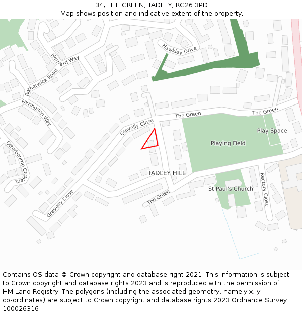 34, THE GREEN, TADLEY, RG26 3PD: Location map and indicative extent of plot