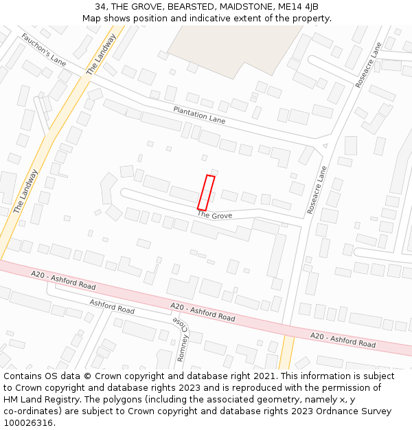34, THE GROVE, BEARSTED, MAIDSTONE, ME14 4JB: Location map and indicative extent of plot