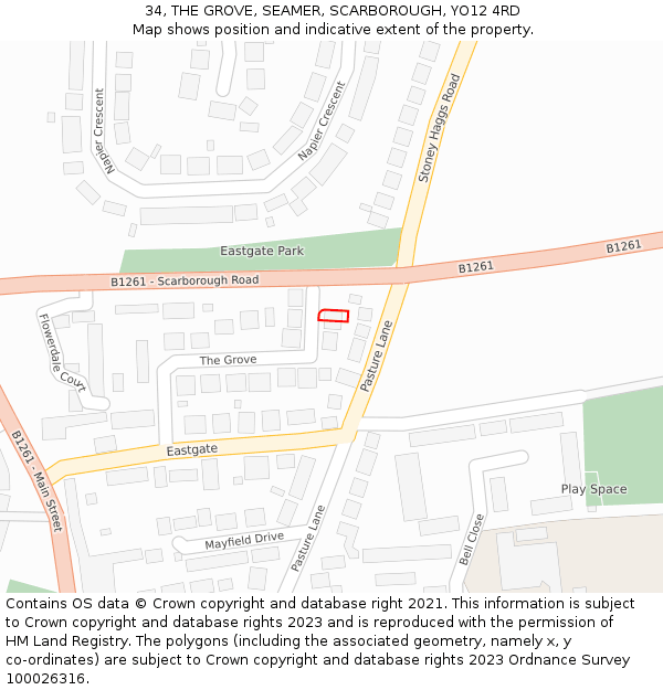 34, THE GROVE, SEAMER, SCARBOROUGH, YO12 4RD: Location map and indicative extent of plot