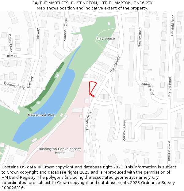 34, THE MARTLETS, RUSTINGTON, LITTLEHAMPTON, BN16 2TY: Location map and indicative extent of plot