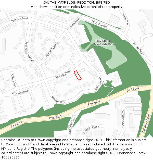 34, THE MAYFIELDS, REDDITCH, B98 7ED: Location map and indicative extent of plot