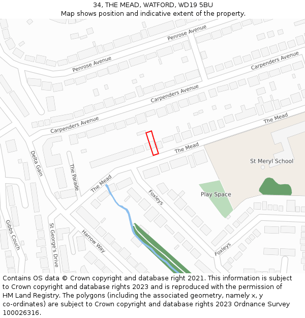 34, THE MEAD, WATFORD, WD19 5BU: Location map and indicative extent of plot