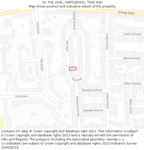 34, THE OVAL, HARTLEPOOL, TS26 9QH: Location map and indicative extent of plot