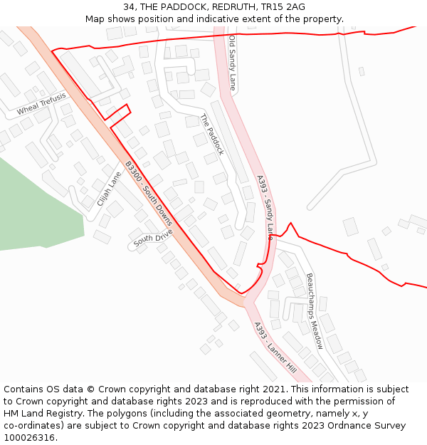 34, THE PADDOCK, REDRUTH, TR15 2AG: Location map and indicative extent of plot