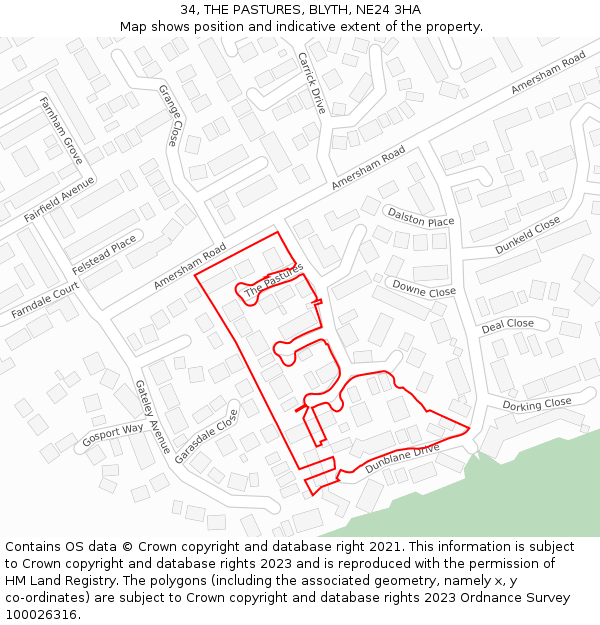 34, THE PASTURES, BLYTH, NE24 3HA: Location map and indicative extent of plot