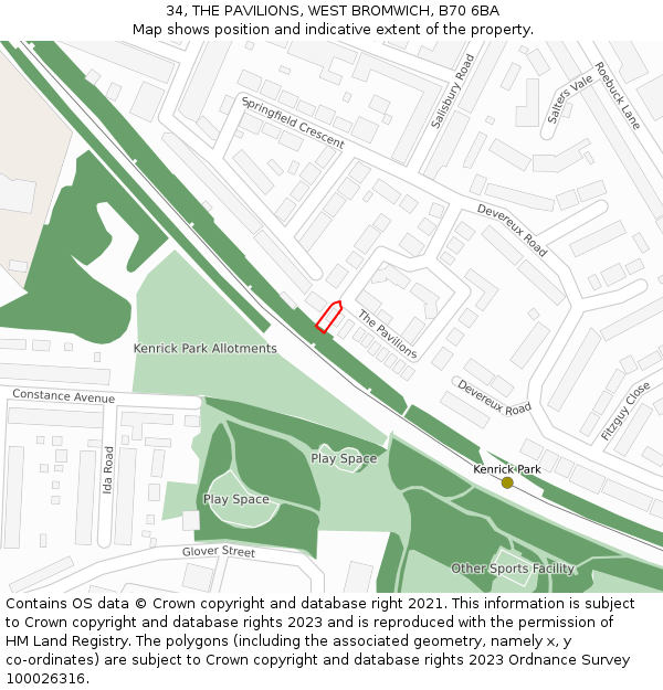 34, THE PAVILIONS, WEST BROMWICH, B70 6BA: Location map and indicative extent of plot