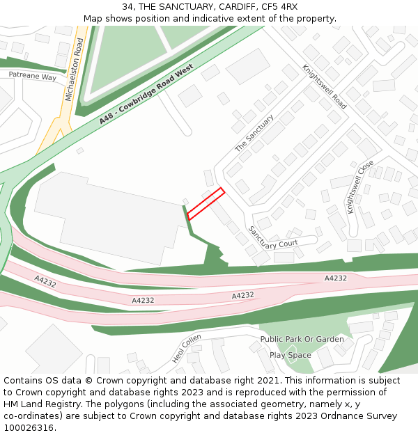 34, THE SANCTUARY, CARDIFF, CF5 4RX: Location map and indicative extent of plot